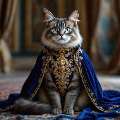 The primary subject of the image is a cat wearing a fancy blue and gold outfit. The cat is sitting on a blue carpet, which serves as the setting for the scene. The visual style of the image is a photo, capturing the cat's unique appearance and the intricate details of its outfit. The colors and mood of the image are predominantly blue and gold, creating a sense of elegance and sophistication.